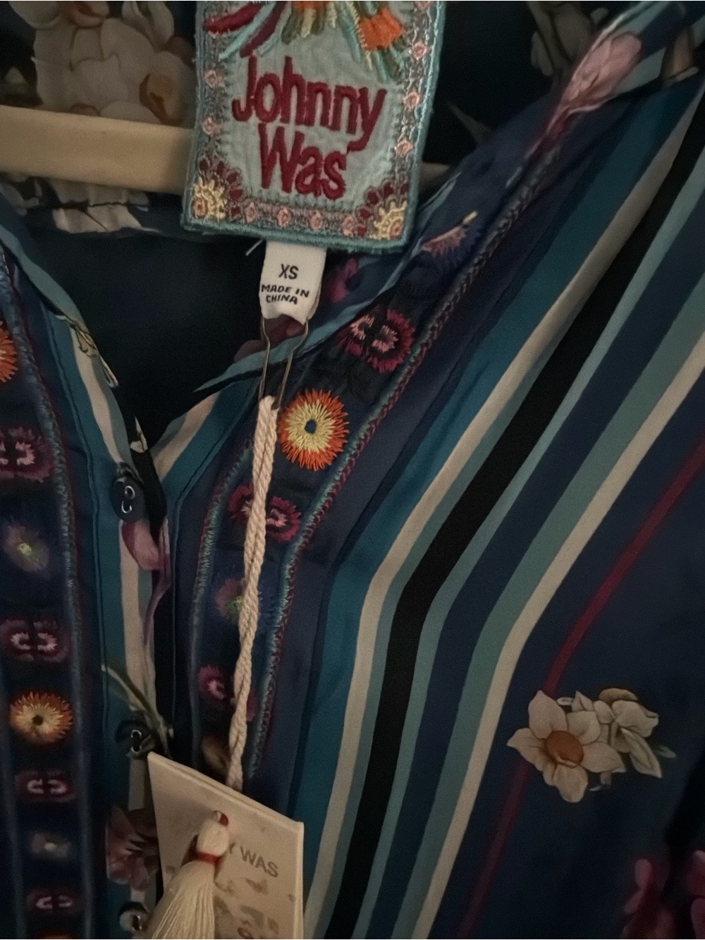 Johnny Was Teal & Navy Striped Floral Embroidered Blouse